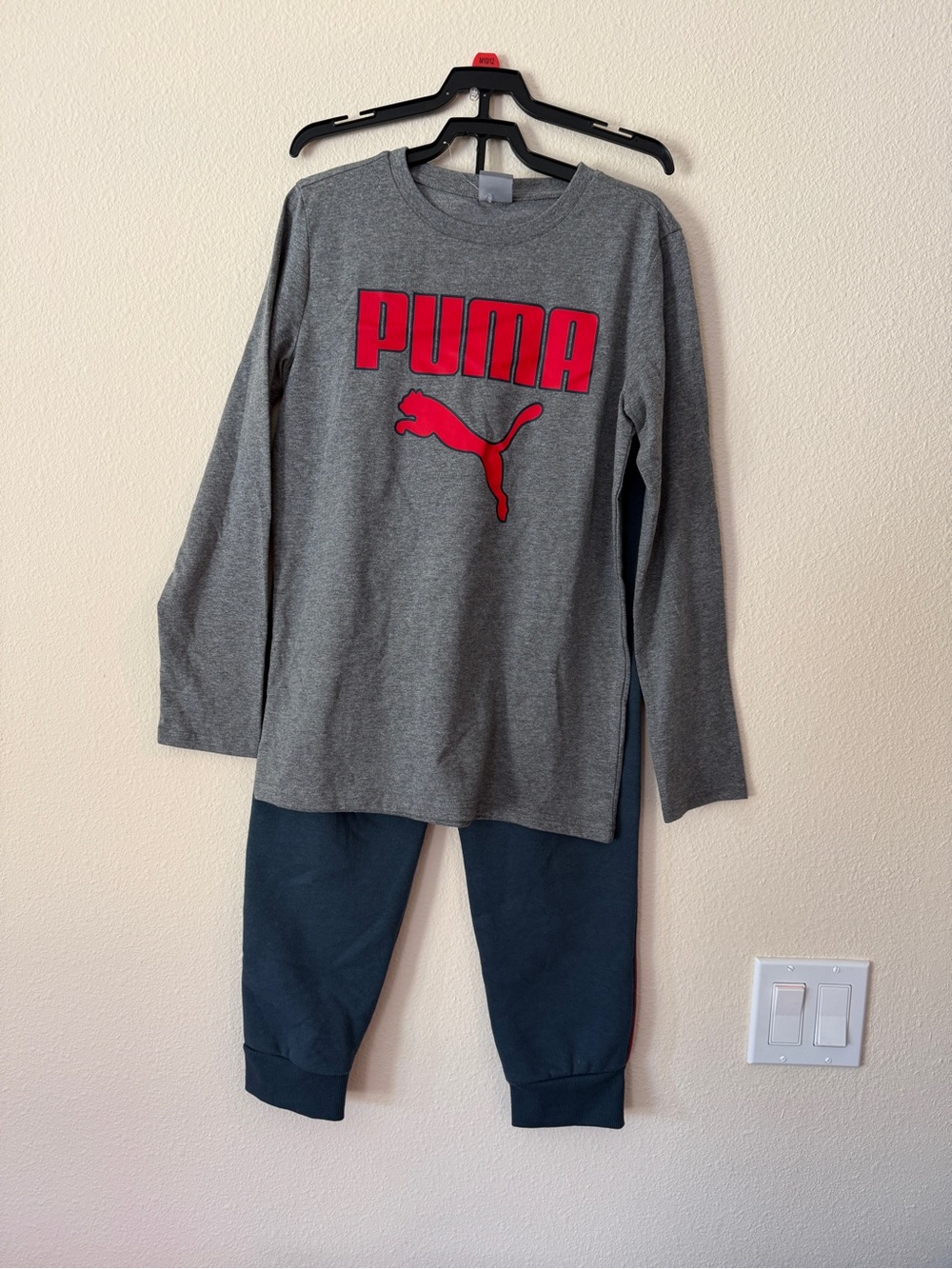 Puma Kids Gray Top with Red Logo & Navy Pants Pajama Set